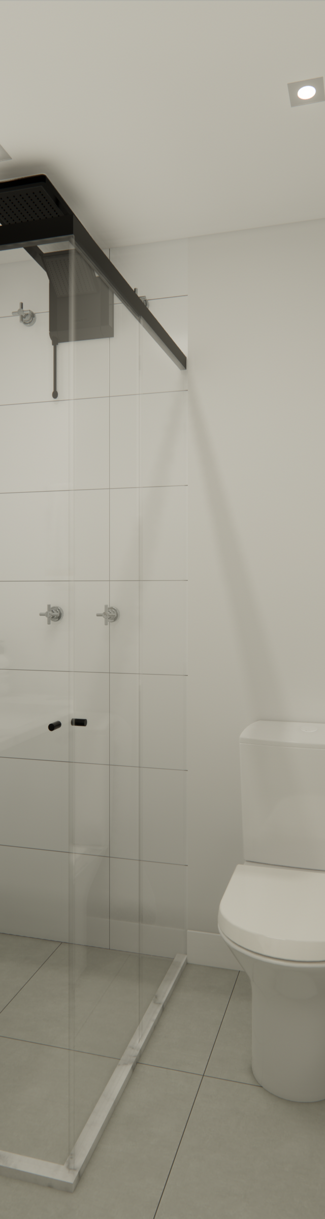 Render 3D de banheiro moderno no Chácara Klabin com marcenaria verde, bancada de mármore, box de vidro e metais pretos