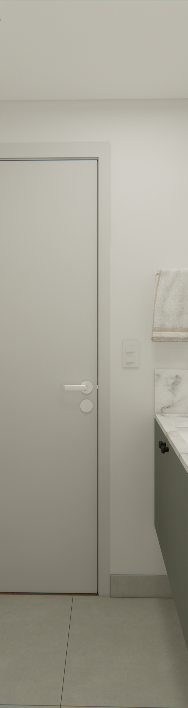Render 3D de lavabo em Chácara Klabin com bancada em mármore, gabinete verde, espelho oval e iluminação embutida neutra