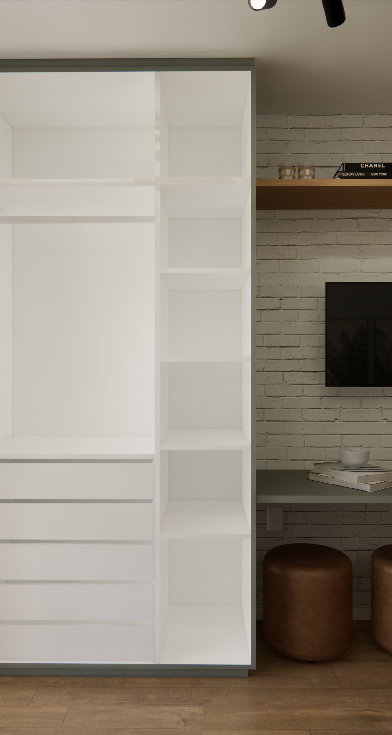 Render 3D de dormitório no Chácara Klabin com armário aberto, mesa em cinza, parede de tijolinhos brancos e piso amadeirado