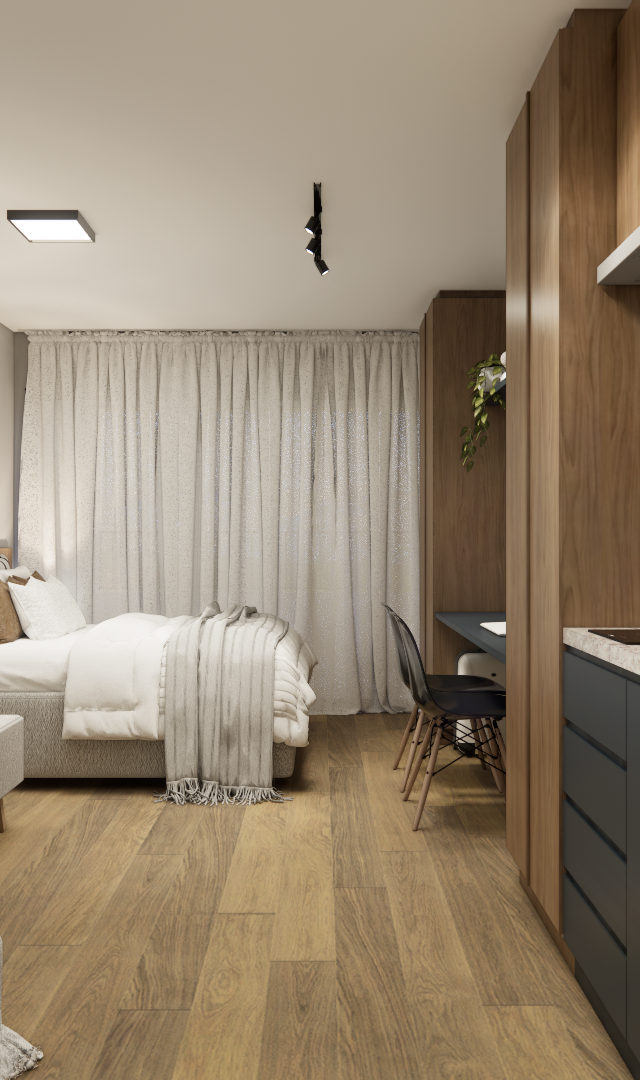 Render 3D de estúdio compacto com cozinha linear em tons cinza e madeira, mesa de trabalho e área de quarto com cortinas