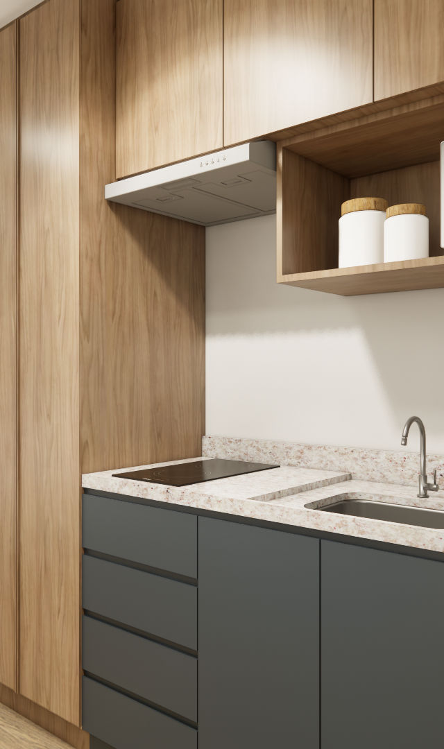 Render 3D de cozinha compacta e home office com marcenaria em madeira e cinza, bancada em granito e iluminação pontual