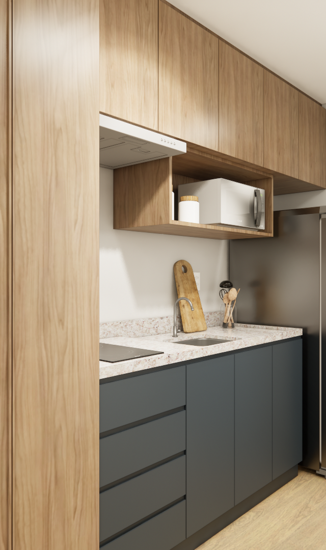 Render 3D de cozinha linear compacta com marcenaria em madeira e cinza, bancada de pedra clara e geladeira inox no Paraíso