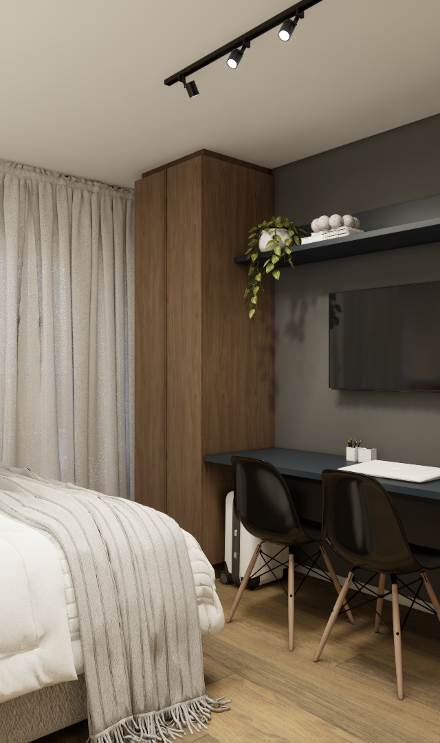 Render 3D de quarto com cama, marcenaria em madeira e tom grafite, mesa de trabalho e iluminação em trilho no Paraíso