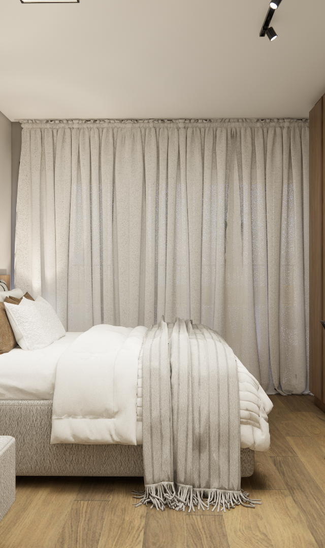 Render 3D de dormitório compacto com cama, sofá, mesa de trabalho preta, marcenaria em madeira e decoração em tons neutros