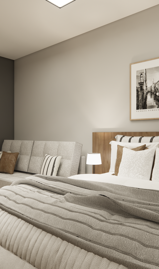 Render 3D de quarto compacto com cama, sofá-cama, parede de madeira, tons neutros, iluminação quente e piso amadeirado
