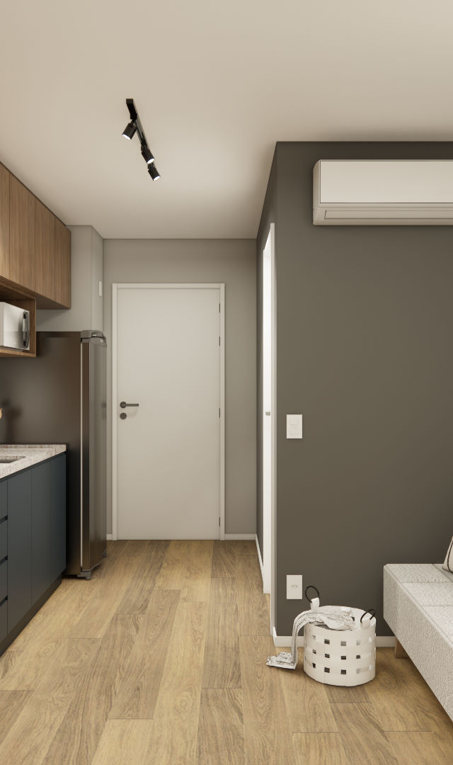 Render 3D de estúdio com marcenaria em madeira e cinza, bancada, sofá claro, piso amadeirado e iluminação por spots pretos