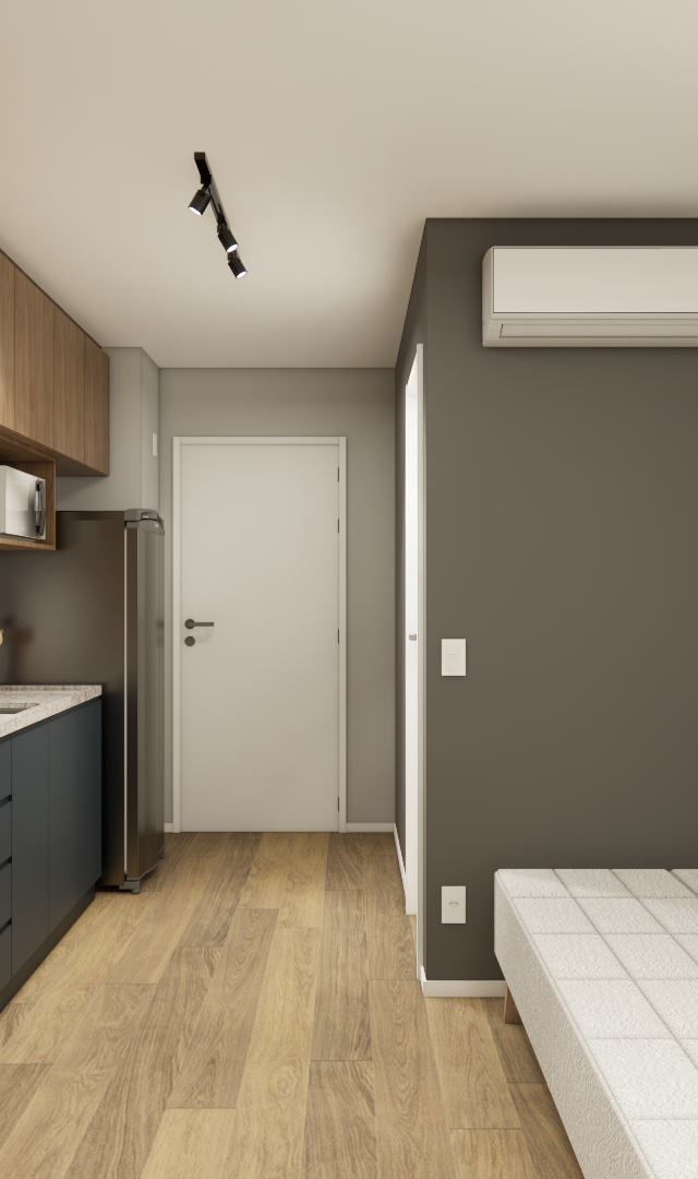 Render 3D de estúdio com marcenaria em madeira e cinza, bancada de trabalho, cozinha compacta, cama e piso amadeirado