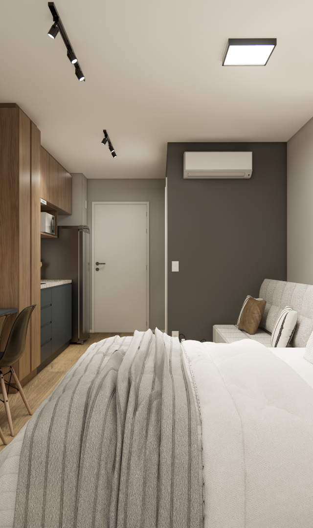Render 3D de estúdio de 29m² com cama, mesa de trabalho, marcenaria em madeira e tons de cinza, iluminação em spots e LED