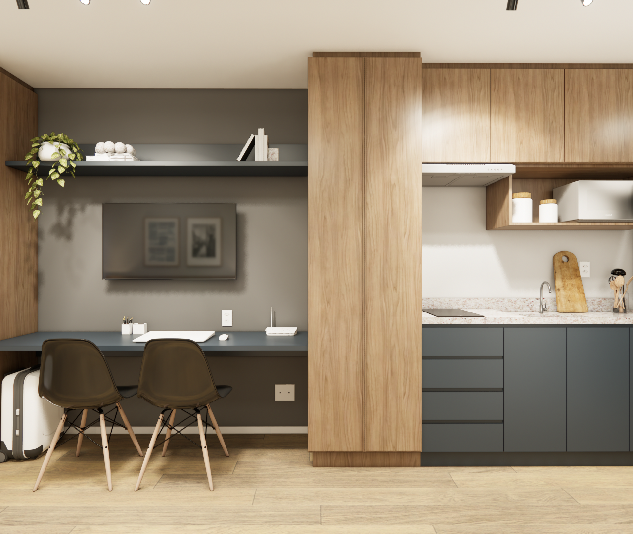 Render 3D de sala e cozinha integradas com marcenaria em tons de madeira e cinza, bancada, cadeiras escuras e iluminação