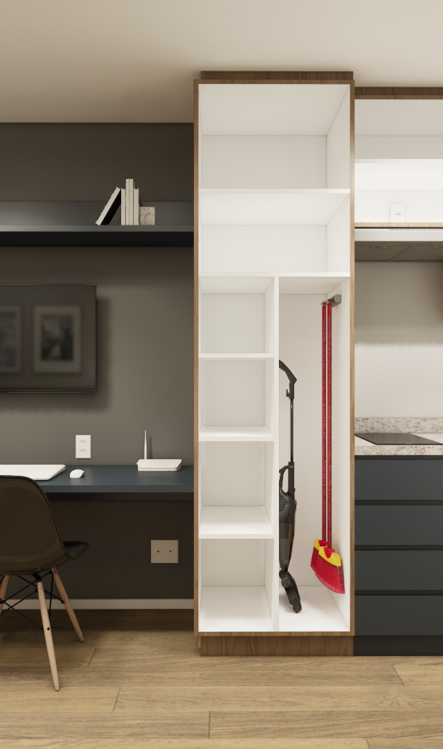 Render 3D de apartamento compacto com marcenaria em madeira e cinza, bancada de escritório, estantes e cozinha integrada