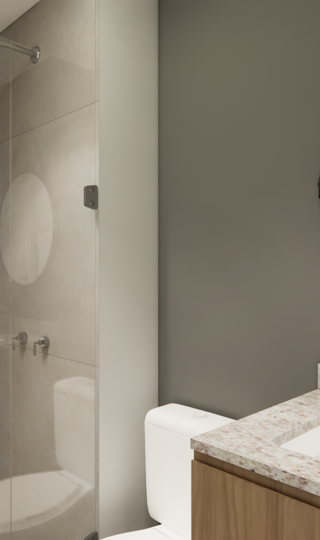 Render 3D de banheiro compacto com box de vidro, revestimento cinza, bancada em granito e espelho redondo suspenso