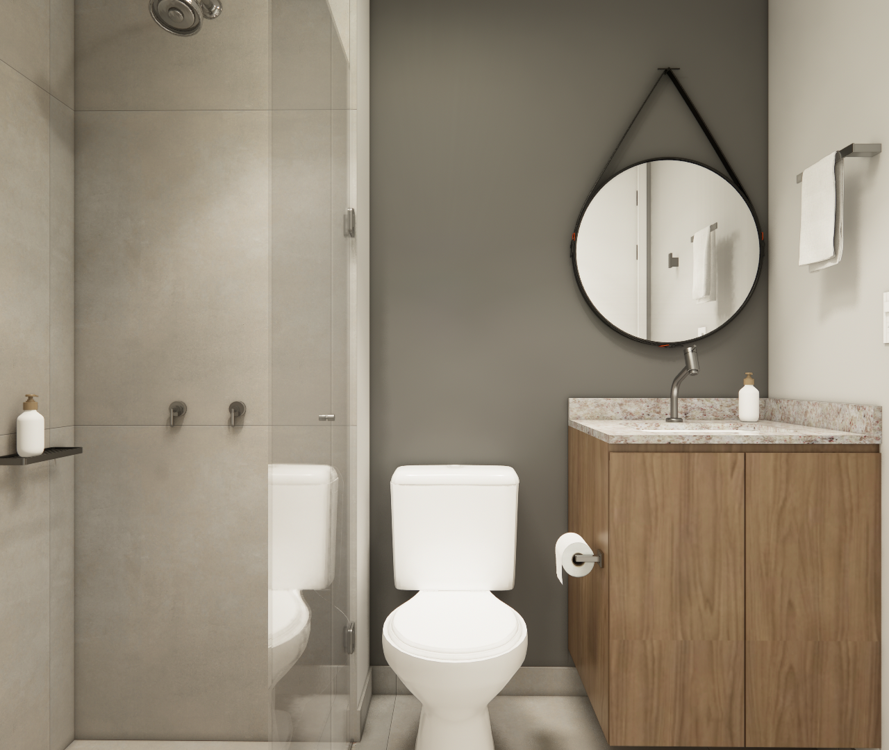 Render 3D de banheiro compacto com revestimento cinza, box de vidro, gabinete em madeira, espelho redondo e tons neutros