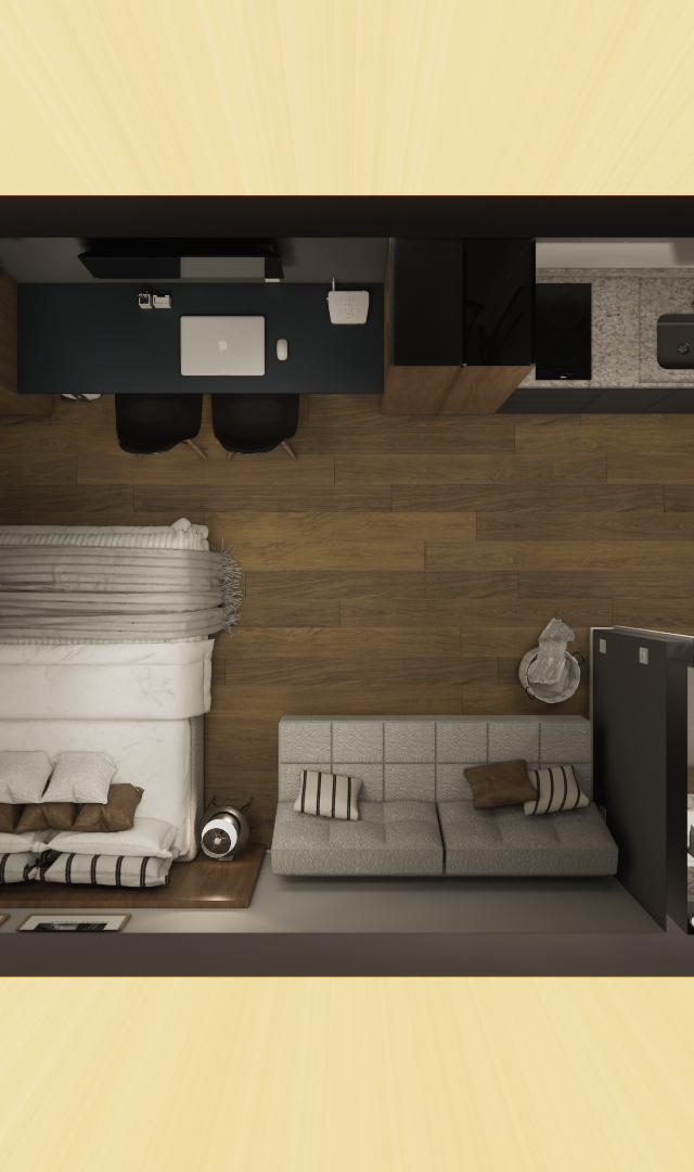 Render 3D de planta baixa humanizada de studio, com cama, sofá, cozinha compacta, banheiro e piso amadeirado em tons neutros