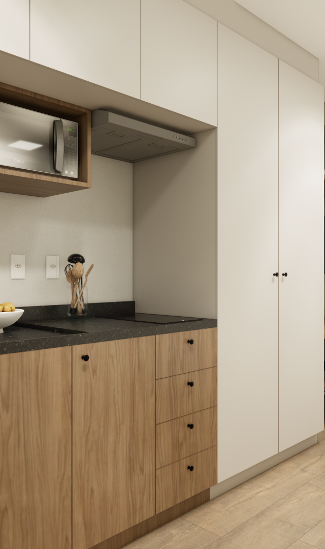 Render de cozinha compacta em madeira e branco com bancada preta, área de estudo, cortina e iluminação em trilho