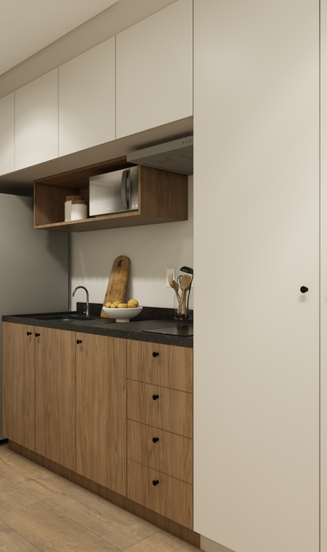 Render 3D de cozinha compacta com marcenaria em madeira e branco, bancada escura, piso amadeirado e iluminação neutra