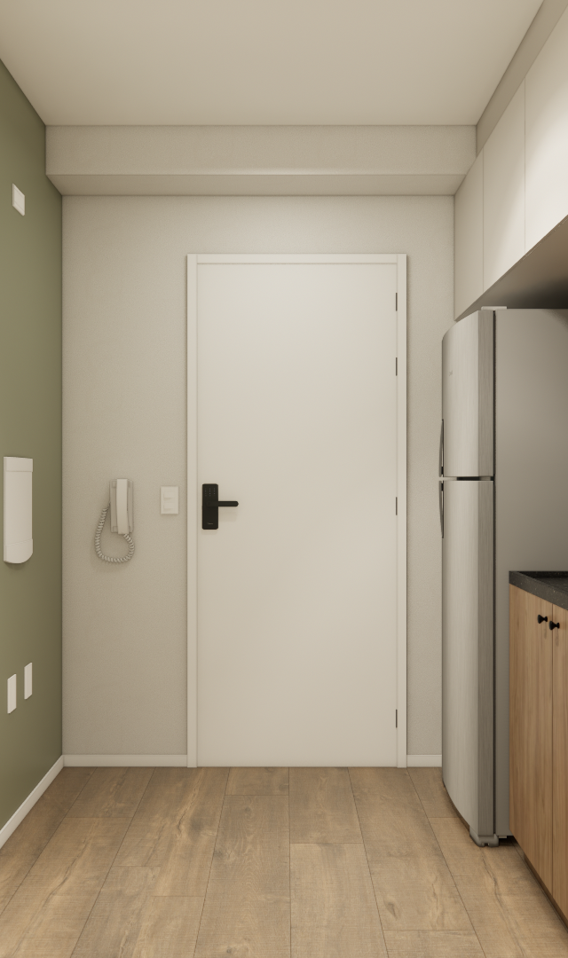 Render 3D de cozinha compacta com armários de madeira, bancada preta, parede verde e piso amadeirado em apartamento