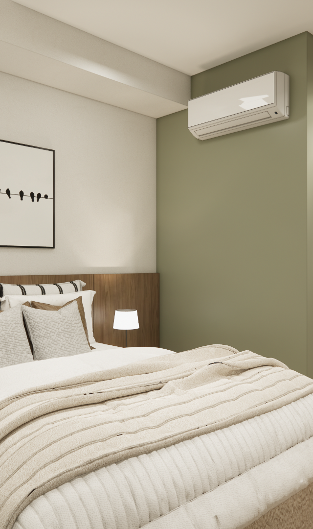 Render 3D de quarto com parede verde, cabeceira amadeirada, cama com enxoval neutro, quadros e iluminação em spots pretos