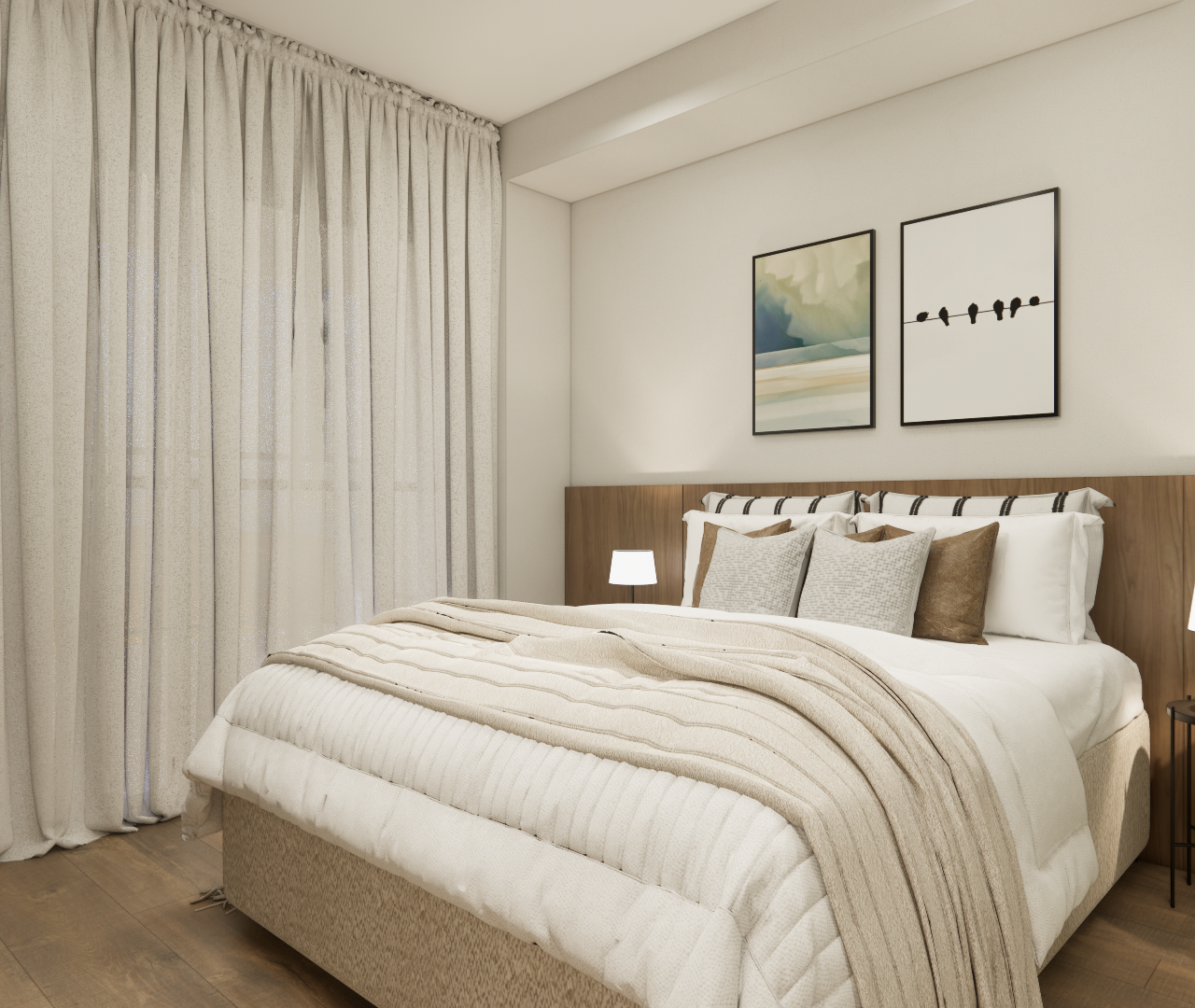 Render 3D de quarto com tons neutros, painel de madeira na cabeceira, cama de casal, cortinas claras e luminárias de mesa