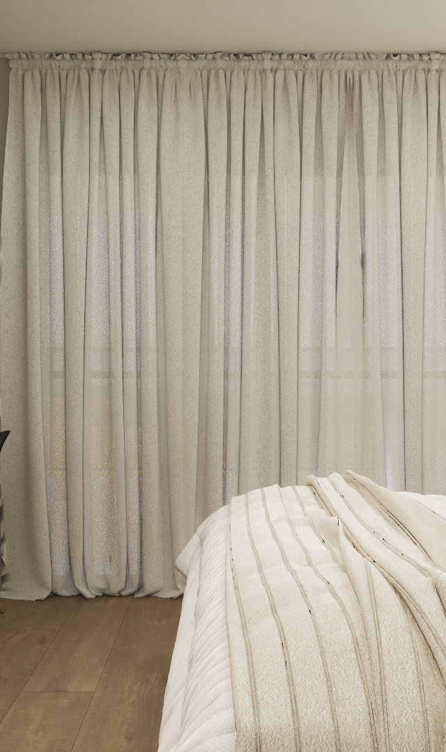 Render 3D de quarto com cama, mesa de trabalho com cadeiras pretas, parede verde, cortina clara e piso amadeirado