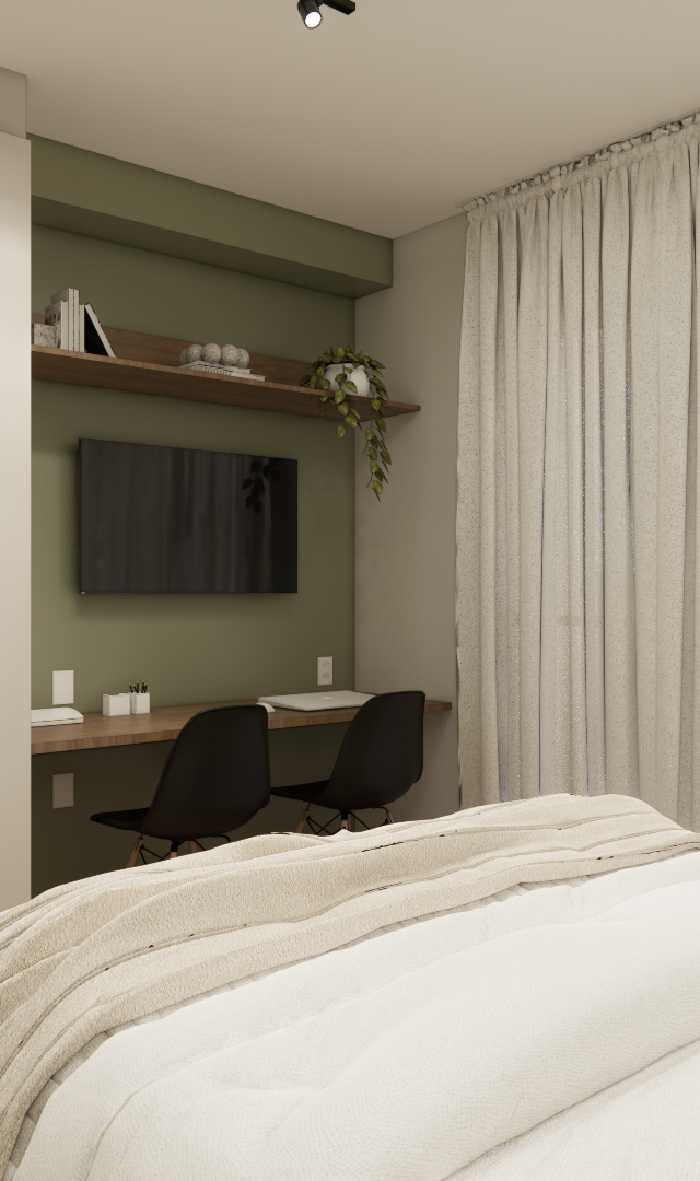 Render 3D de quarto compacto com cama, mesa de trabalho em madeira, parede verde, armário claro e cortina translúcida