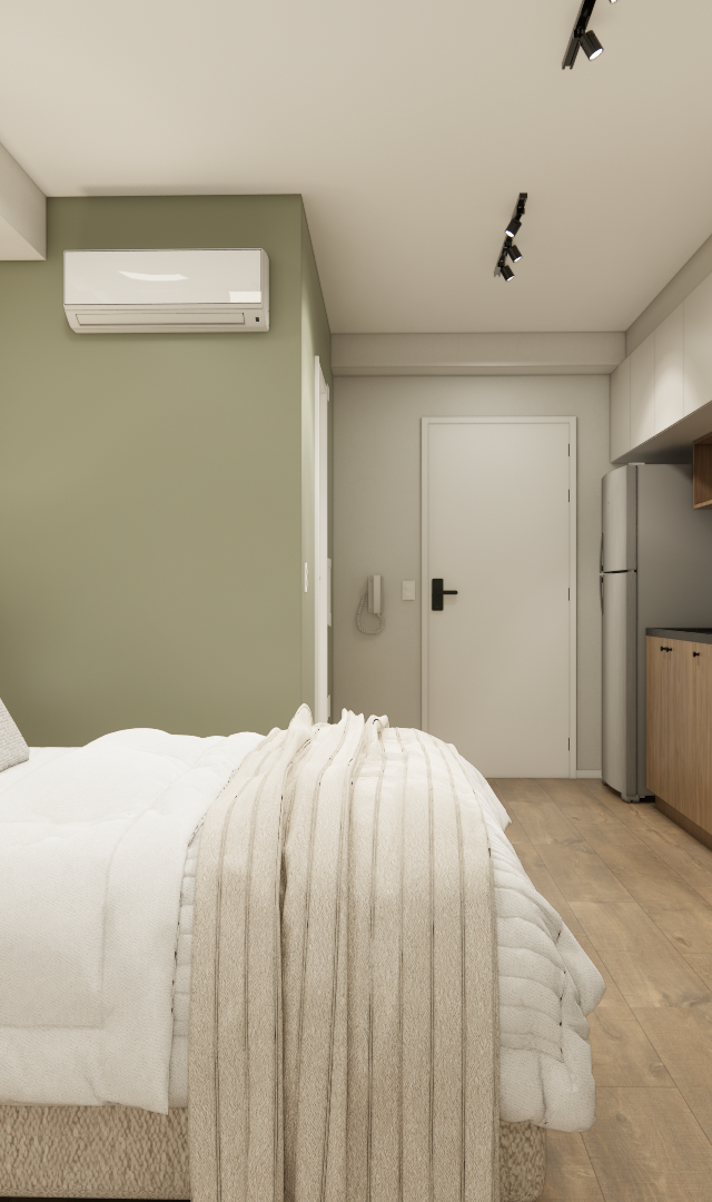 Render 3D de estúdio com cama, cozinha linear amadeirada, bancada de trabalho, paredes verde-sálvia e piso em madeira