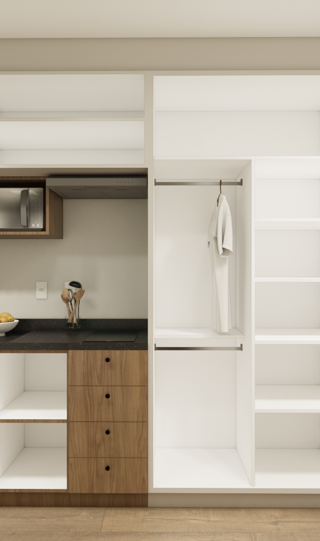 Render 3D de cozinha compacta e home office com marcenaria em tons de madeira e branco, parede verde e iluminação neutra