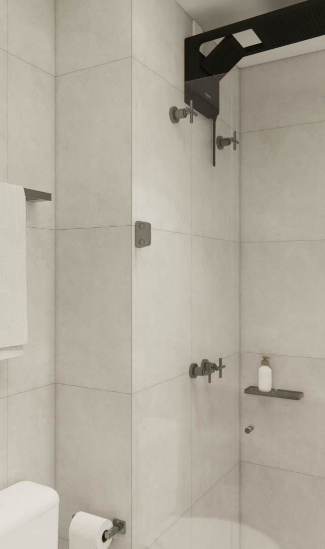 Render 3D de banheiro compacto com revestimento cinza claro, box de vidro, metais pretos e chuveiro de teto moderno
