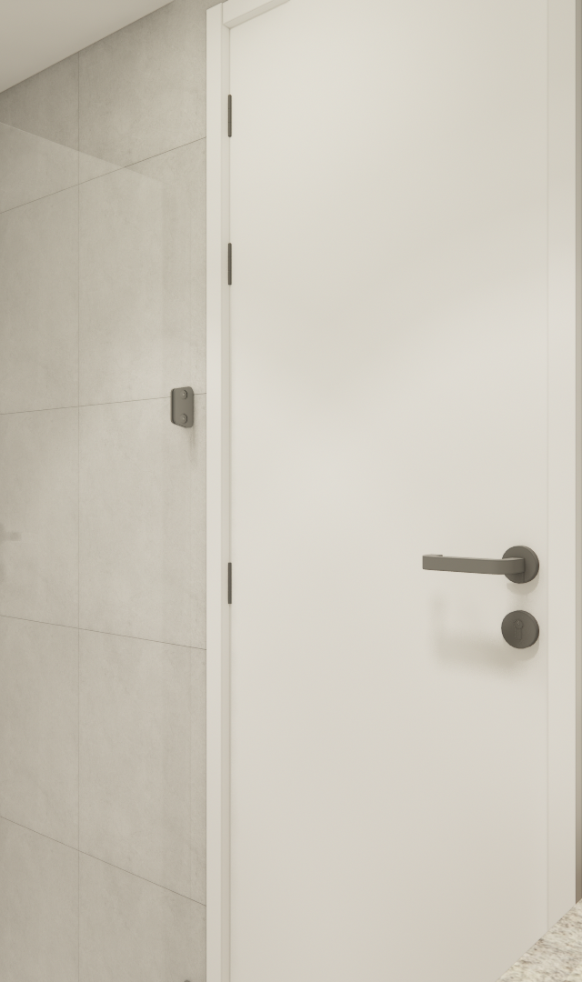 Render 3D de banheiro compacto com revestimento cinza claro, porta branca, box de vidro, metais escuros e bancada de granito
