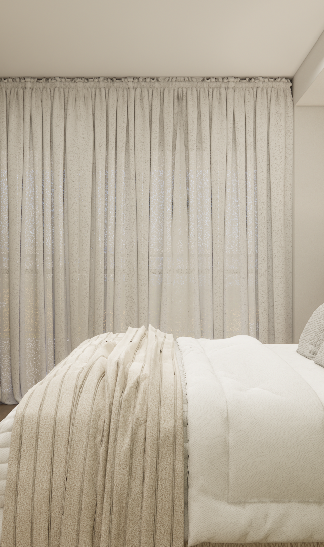 Render 3D de quarto pequeno com cama, mesa de trabalho verde e madeira, cortina branca, iluminação suave e tons neutros