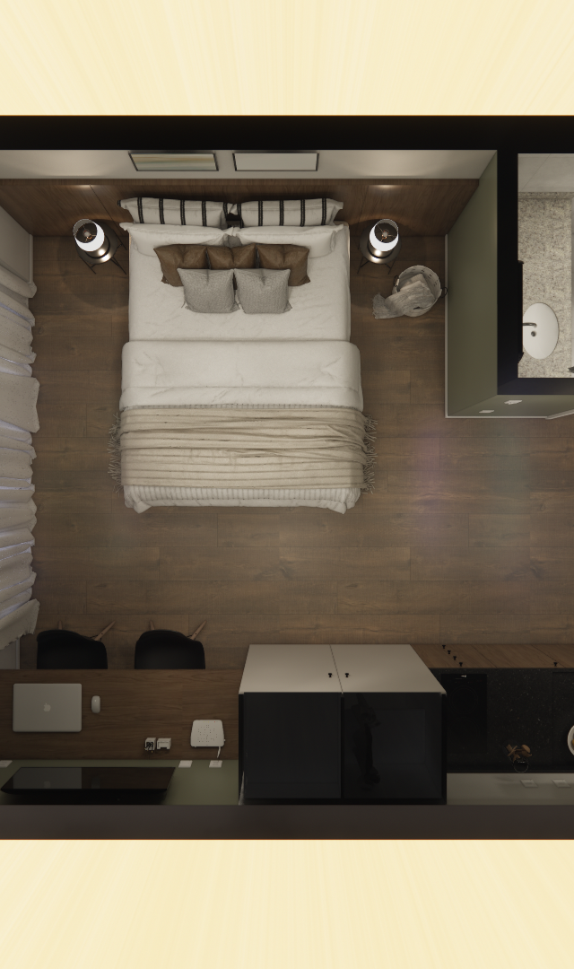 Planta baixa 3D de studio 31m² com dormitório, cozinha e banheiro, tons amadeirados, neutros e iluminação natural