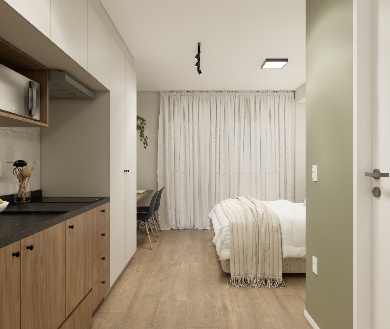 Render 3D de estúdio com cozinha em madeira e pedra preta, área de dormir com cortina clara, piso amadeirado e tons verdes