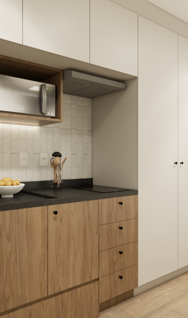 Render 3D de cozinha compacta com marcenaria em madeira e branco, bancada escura, iluminação led e área de estudo integrada