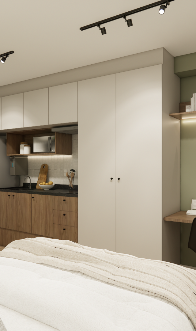 Render 3D de estúdio com cozinha linear, marcenaria em madeira e bege, paredes verdes, TV e mesa de trabalho integrada