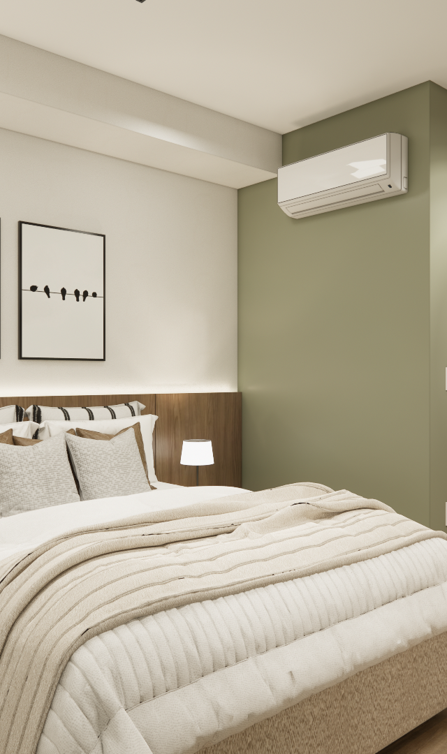 Render 3D de quarto pequeno com cama, painel amadeirado, parede verde, iluminação suave e piso amadeirado claro