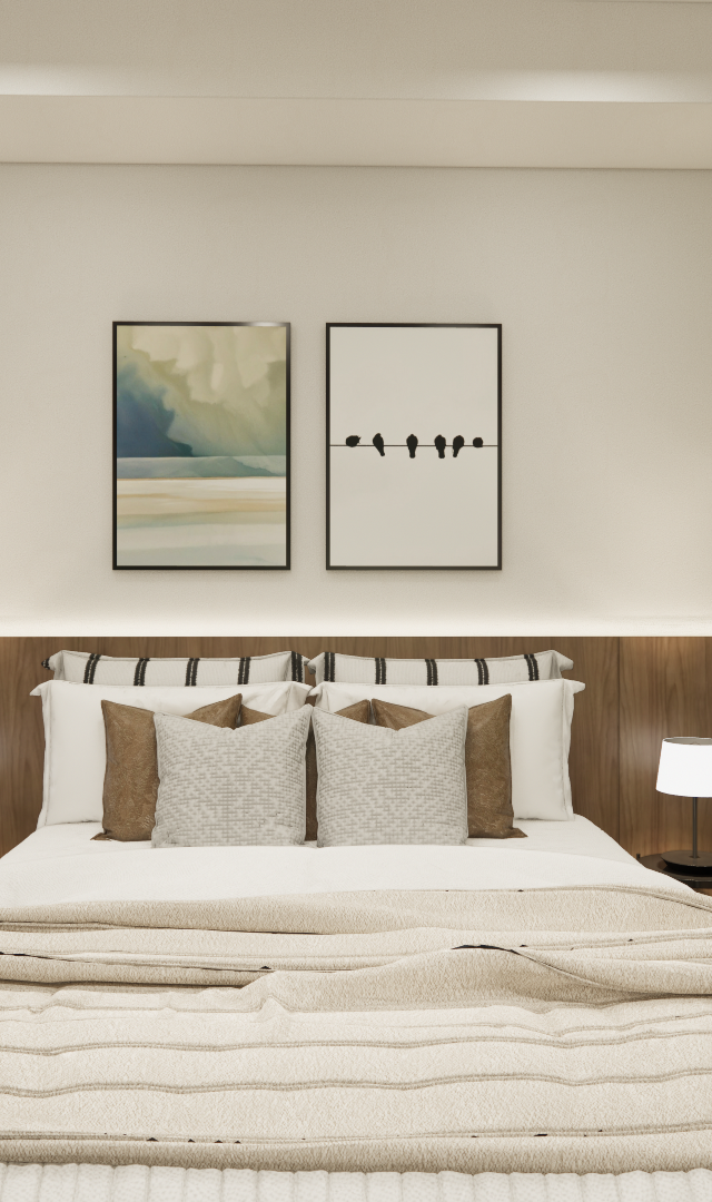 Render 3D de quarto com cama, cabeceira em madeira, parede verde, iluminação indireta e quadros sobre tons neutros