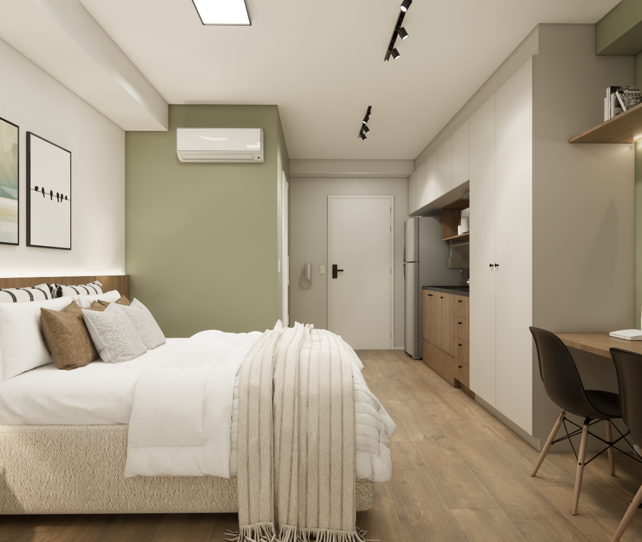 Render 3D de estúdio de 31m² com cama, tons de verde e madeira, marcenaria clara, mesa de trabalho e iluminação em trilho