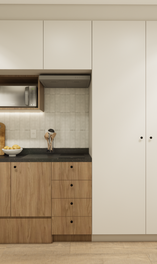 Render 3D de cozinha compacta com marcenaria em madeira e branco, bancada preta, parede verde e iluminação embutida