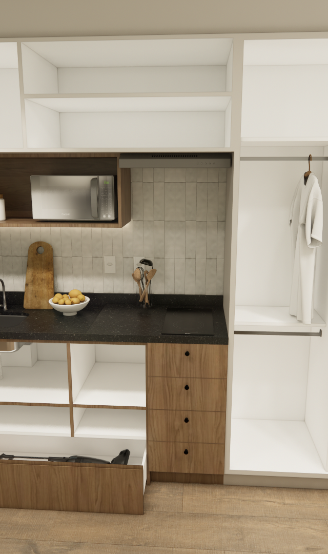 Render 3D de estúdio com cozinha linear, armários brancos e madeira, bancada preta e área de trabalho com parede verde