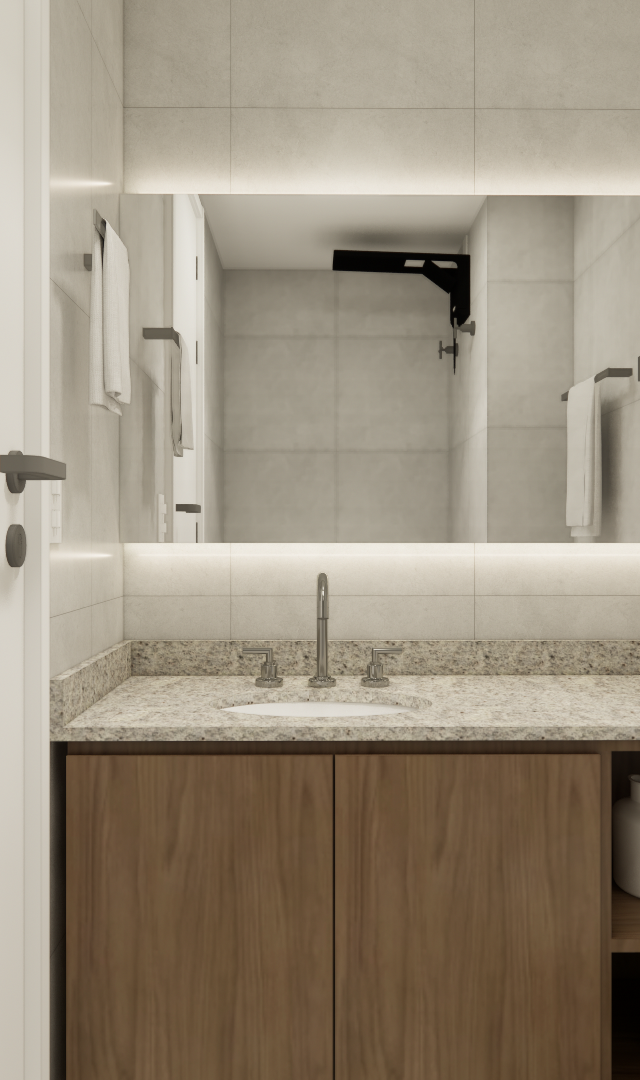 Render 3D de banheiro com marcenaria em madeira, bancada em granito, espelho iluminado e revestimento neutro cinza