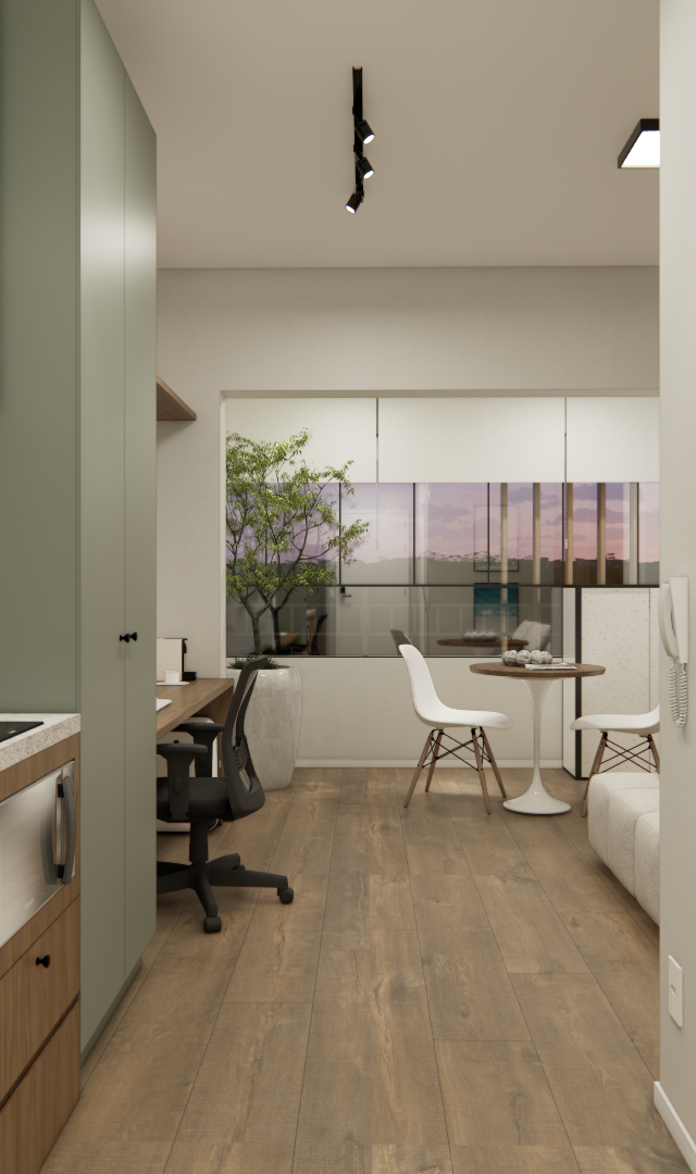 Render 3D de apartamento compacto com cozinha linear, marcenaria verde e amadeirada, bancada de granilite e sala integrada