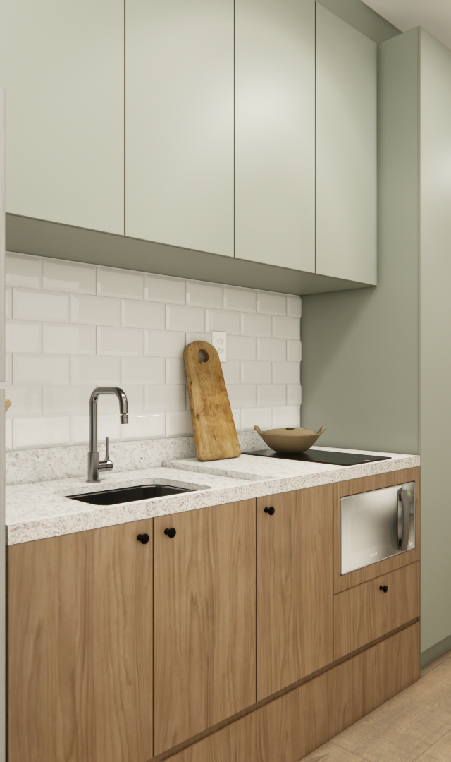 Render 3D de cozinha compacta com marcenaria verde e madeira, bancada em granilite, subway tiles e home office integrado