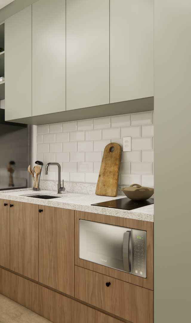 Render 3D de cozinha compacta com marcenaria verde e madeira, bancada em granilite e azulejos brancos tipo metrô