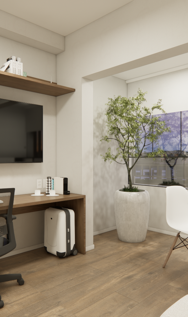 Render 3D de sala de estar compacta e home office com mesa em madeira, prateleira, TV, plantas e tons neutros e claros