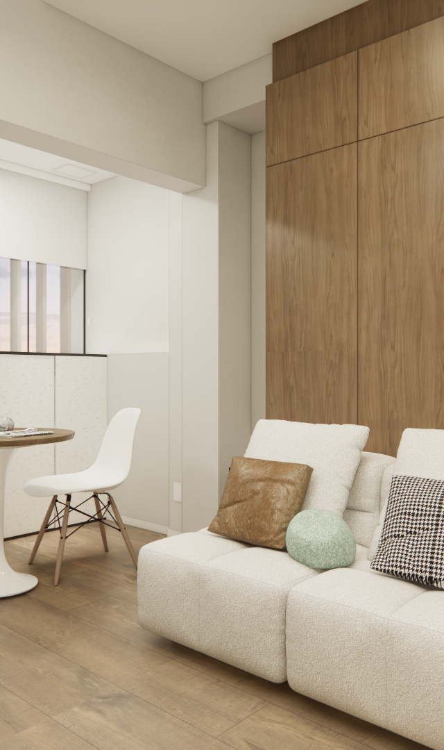 Render 3D de sala em apartamento de 26 m² com sofá branco, mesa redonda e painel de madeira sob iluminação natural