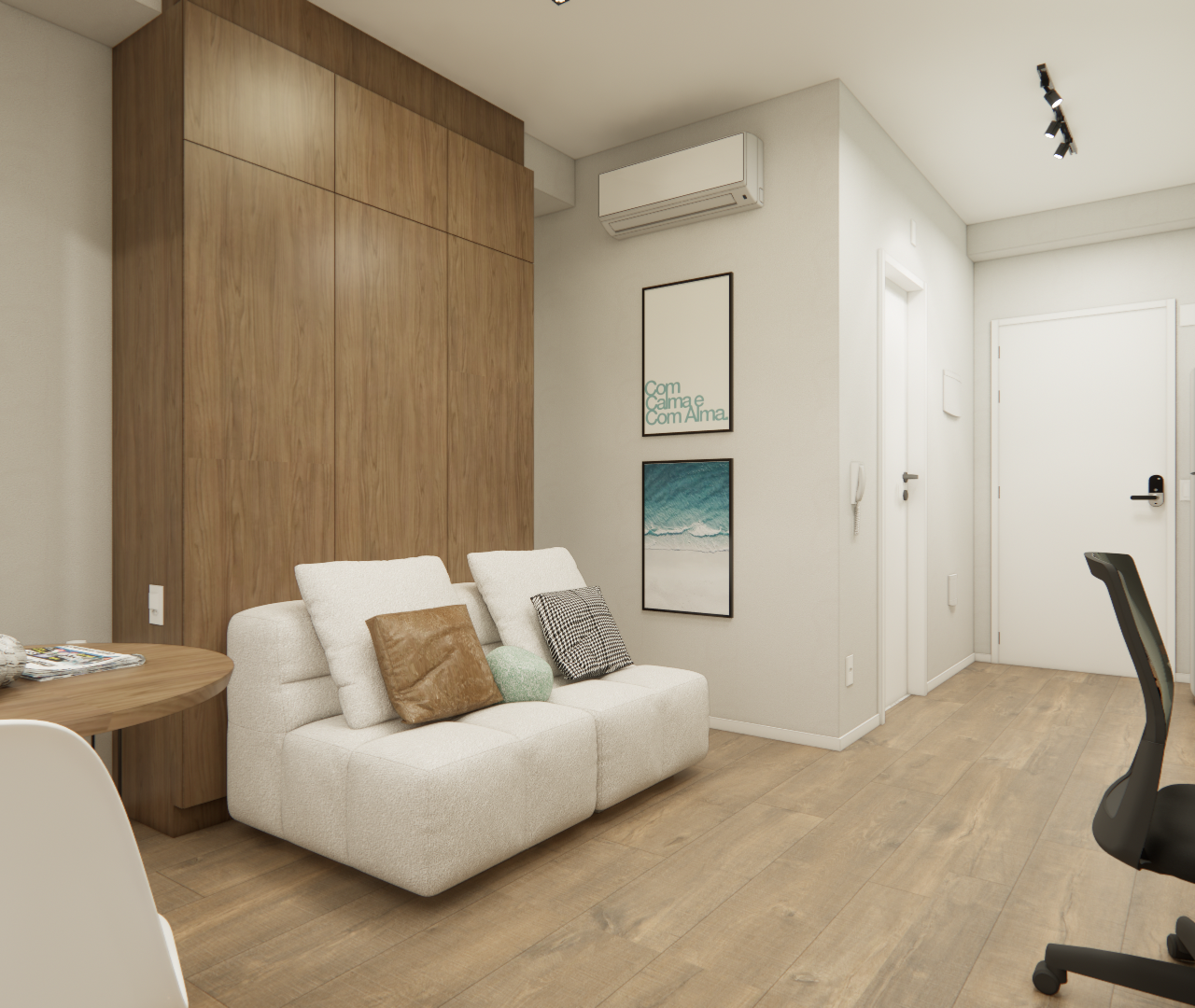 Render 3D de sala em apto de 26m² com marcenaria em madeira, sofá claro, mesa de jantar, escrivaninha e piso amadeirado