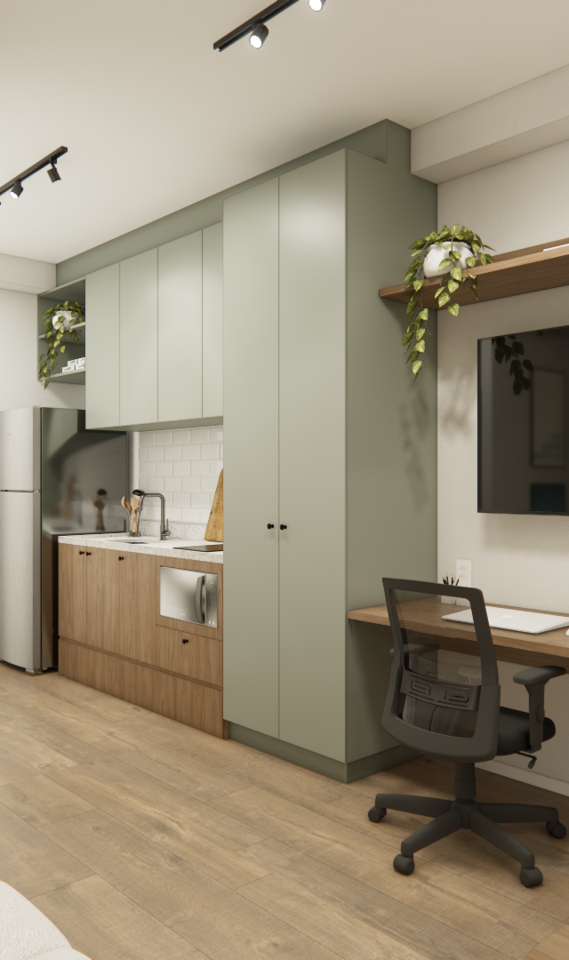 Render 3D de estúdio em Campo Belo com cozinha verde, marcenaria em madeira, bancada de trabalho, TV e iluminação de trilho