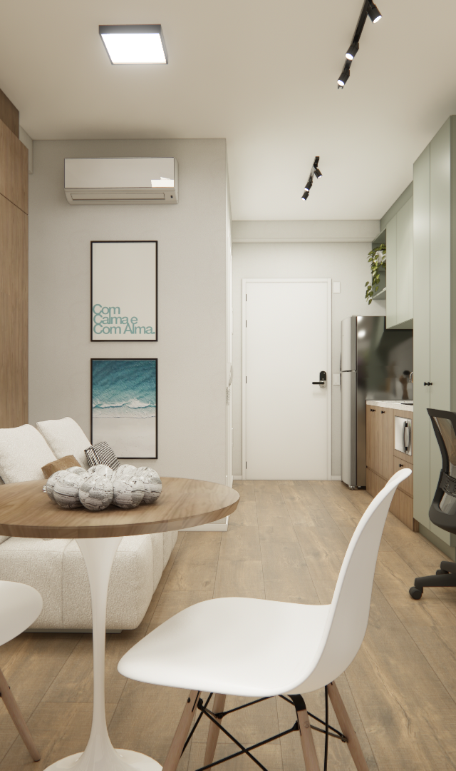 Render 3D de sala e escritório integrados em studio com marcenaria em madeira e verde, mesa redonda e cadeiras brancas