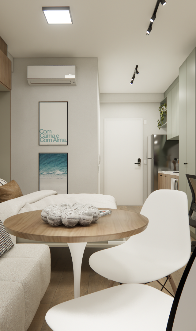 Render 3D de estúdio compacto com tons neutros e verdes, mesa de jantar, sofá, marcenaria em madeira e iluminação moderna