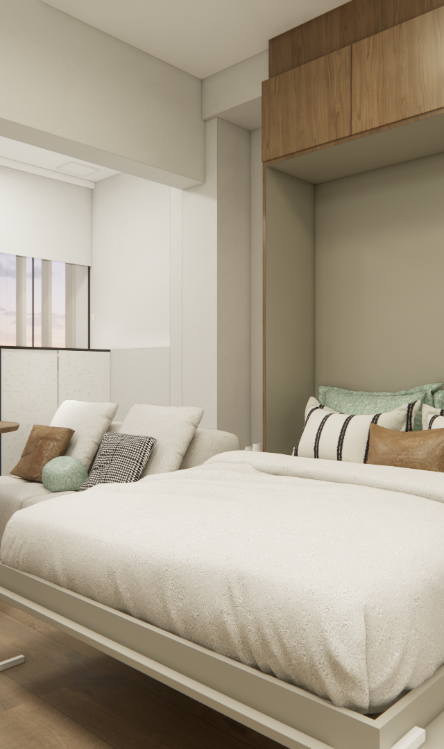 Render 3D de estúdio compacto em tons neutros com cama dobrável, marcenaria em madeira e área de jantar integrada