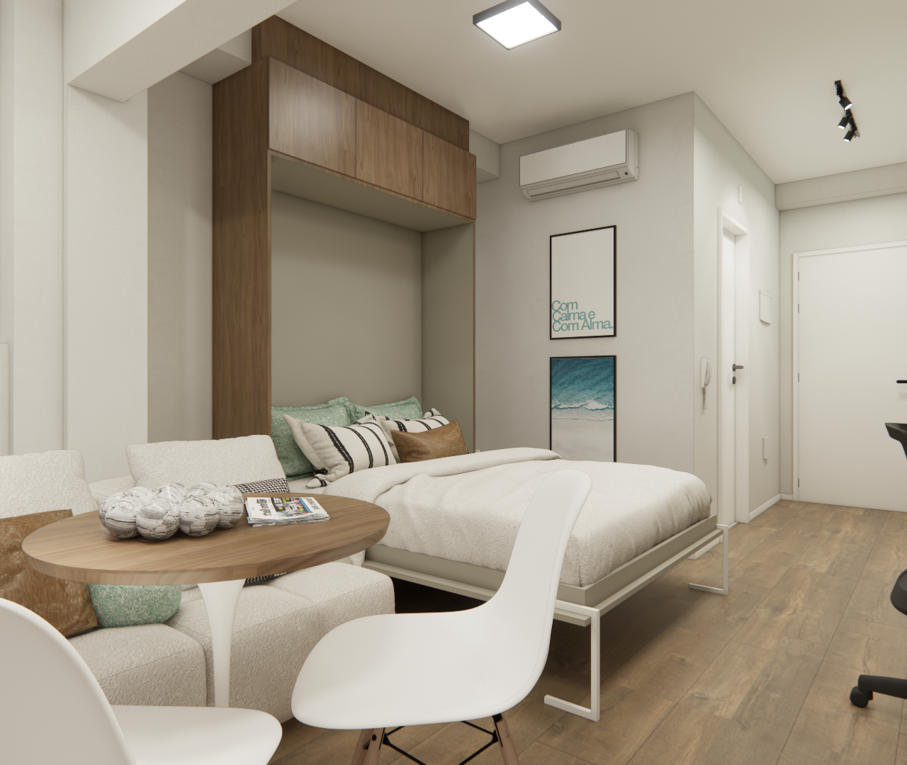Render 3D de estúdio de 26m² com marcenaria em madeira, cama, mesa redonda, cadeiras brancas, tons neutros e iluminação led